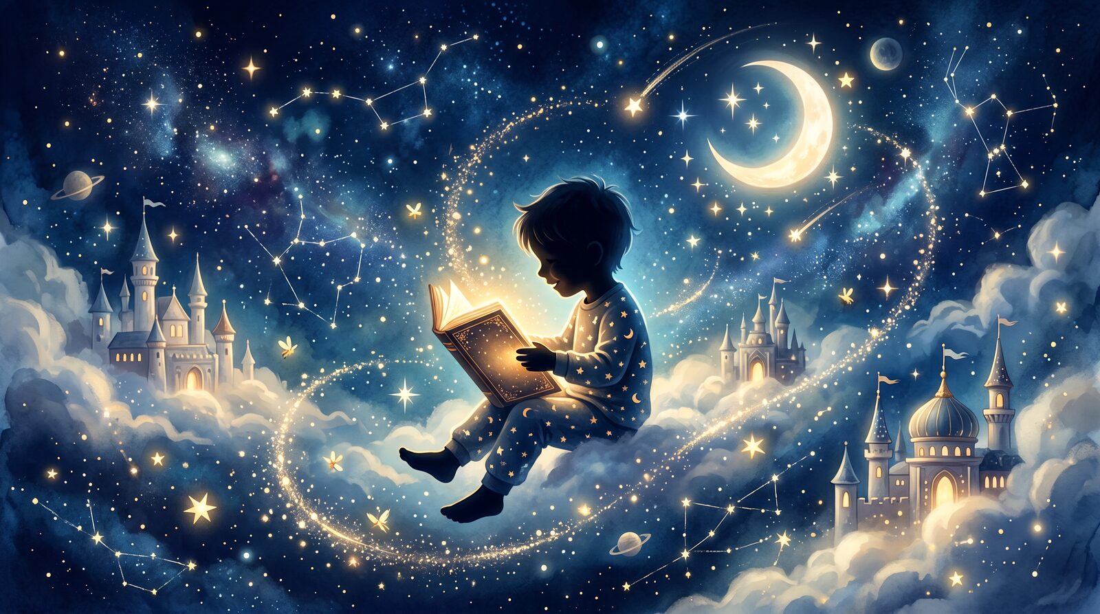 Criança lendo um conto de fadas mágico no céu estrelado