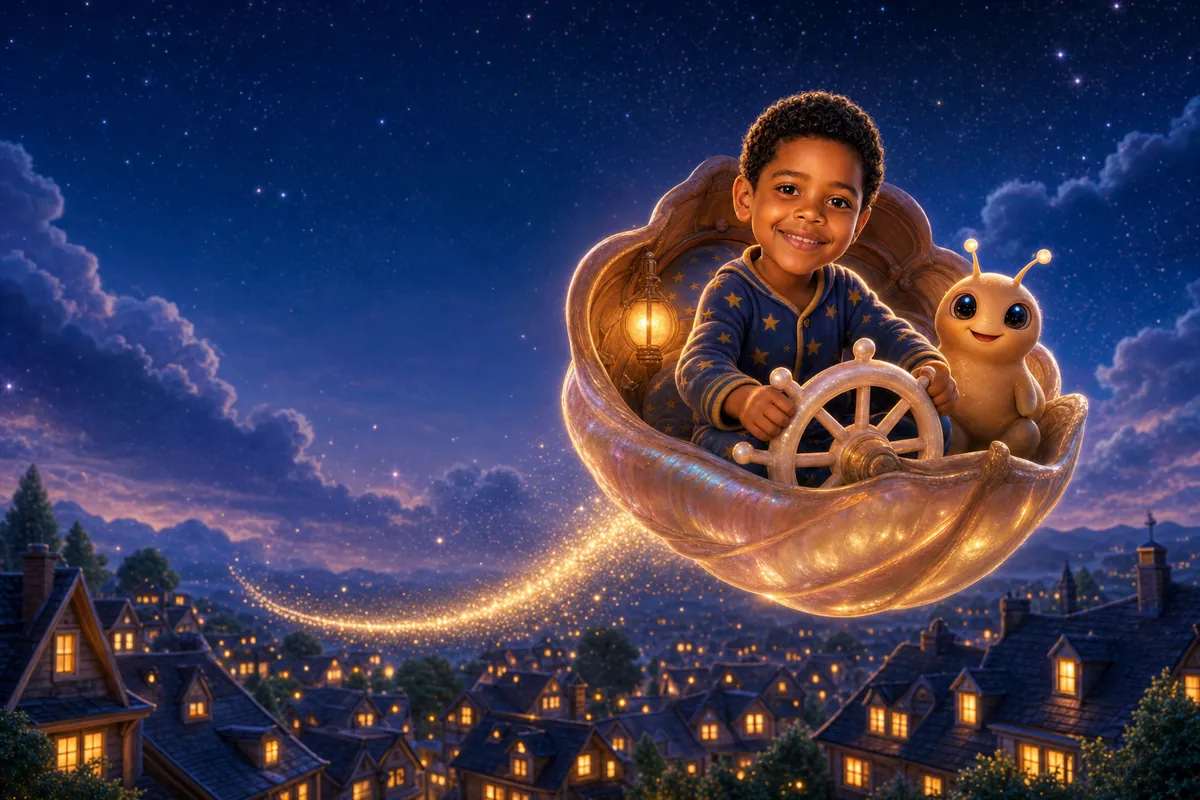 Menino de pijama de estrelas pilotando um barquinho mágico de conchas sobre uma vila iluminada à noite — livro infantil personalizado com o rosto real da criança