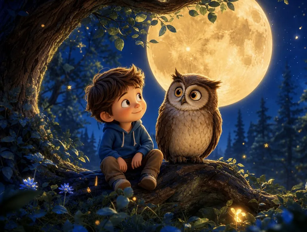 Ilustração da história A Coruja da Lua Cheia — livro infantil personalizado