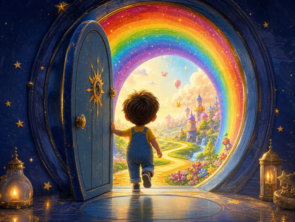Ilustração da história A Porta do Arco-Íris — livro infantil personalizado