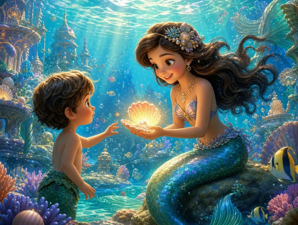 Ilustração da história A Sereia e a Concha Mágica — livro infantil personalizado