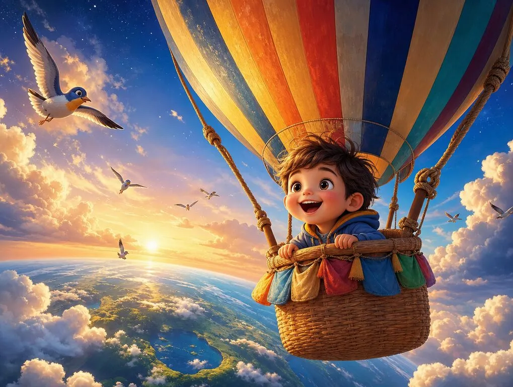 Ilustração da história O Balão Que Subiu Demais — livro infantil personalizado