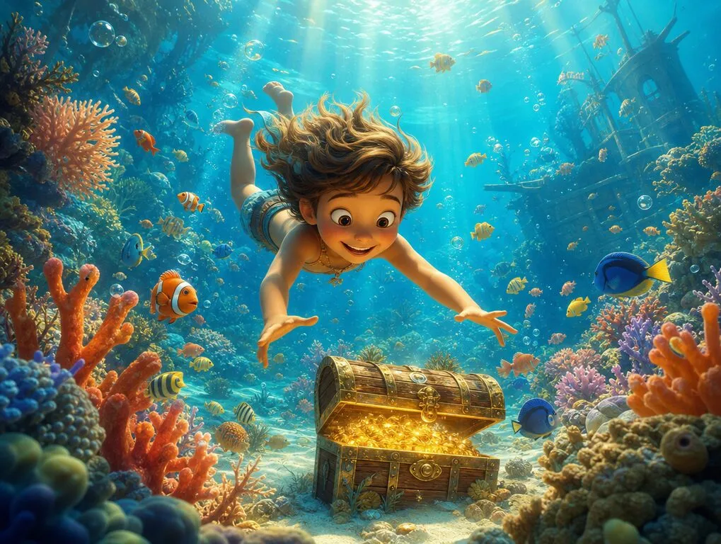 Ilustração da história O Tesouro Submerso — livro infantil personalizado